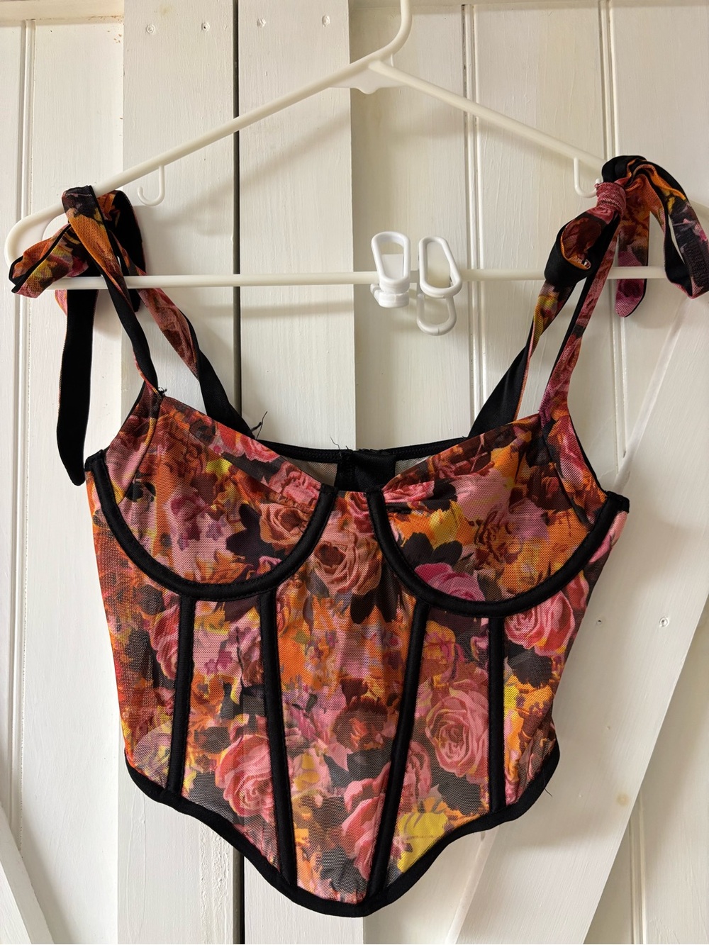SHEIN Pink & Orange Floral Mesh Corset Tank with Black Trim